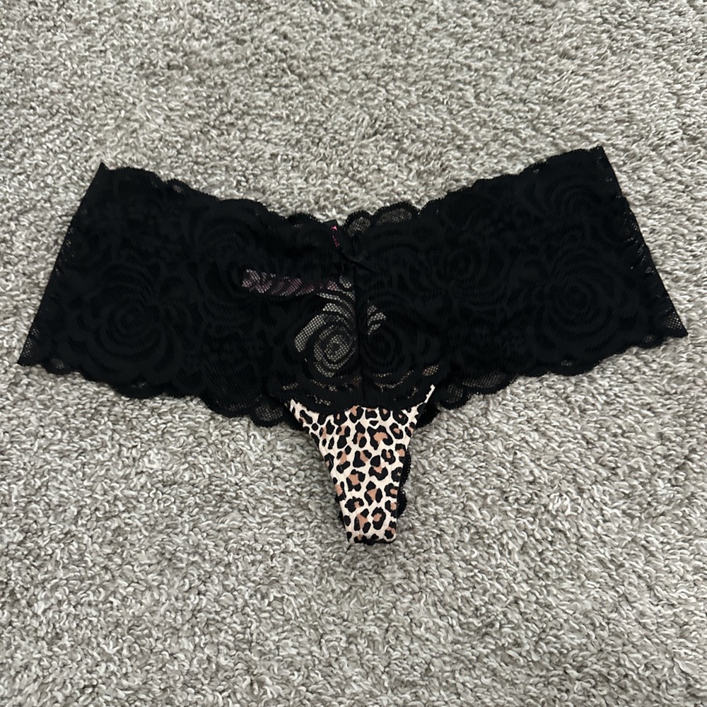 2013 PINK Victoria’s Secret Black Lace Thong with Leopard Print Front